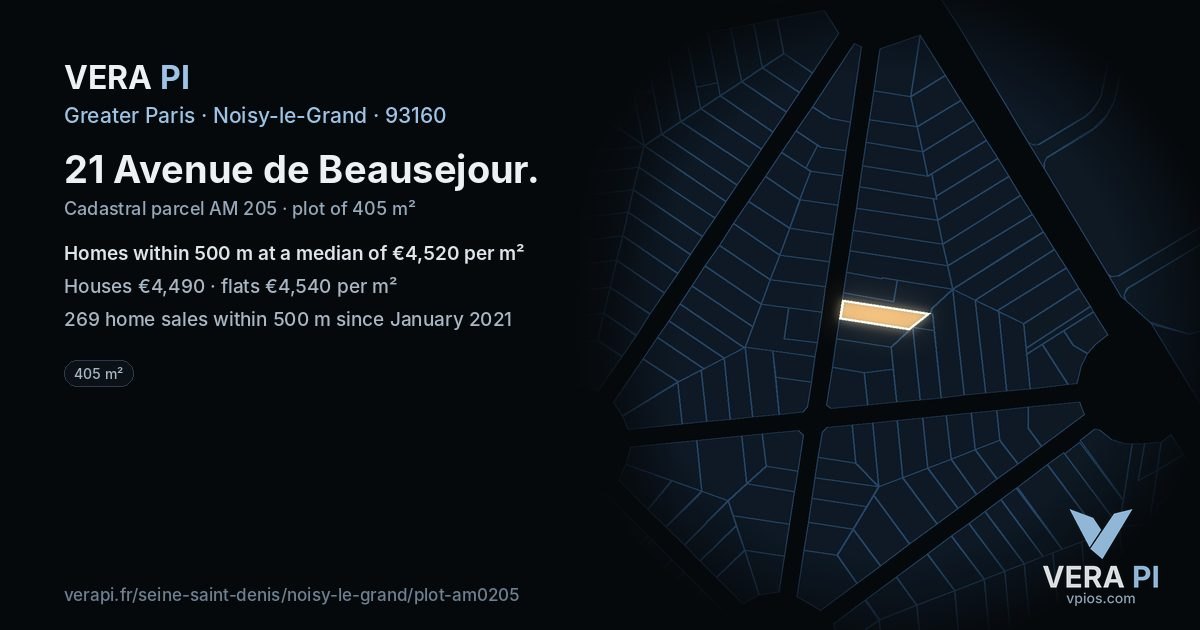 21 Avenue de Beausejour, Noisy-le-Grand at night – the plot lit, the parcels around coloured by the prices near them