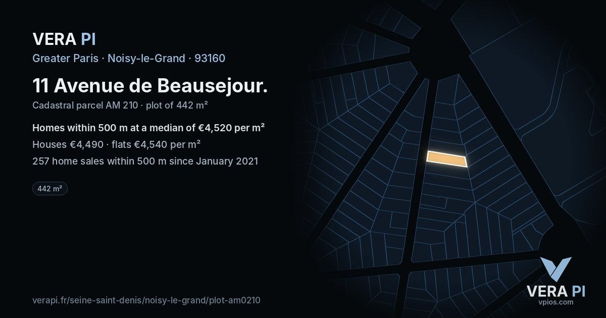 11 Avenue de Beausejour, Noisy-le-Grand at night – the plot lit, the parcels around coloured by the prices near them