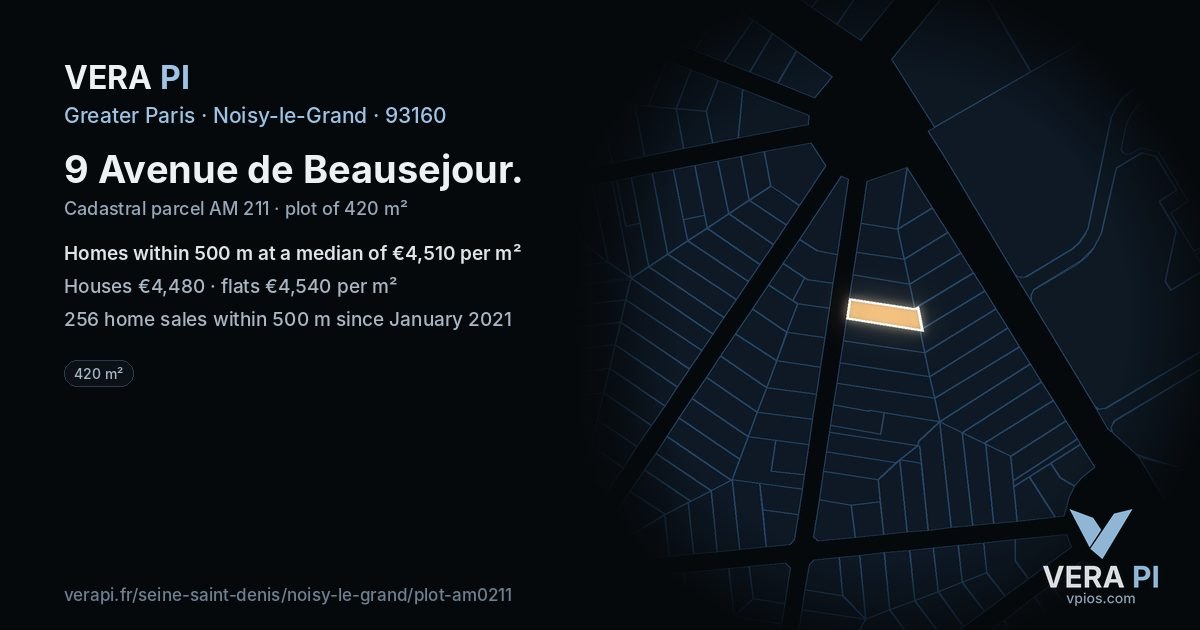 9 Avenue de Beausejour, Noisy-le-Grand at night – the plot lit, the parcels around coloured by the prices near them