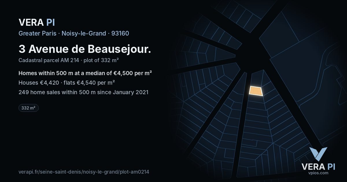3 Avenue de Beausejour, Noisy-le-Grand at night – the plot lit, the parcels around coloured by the prices near them