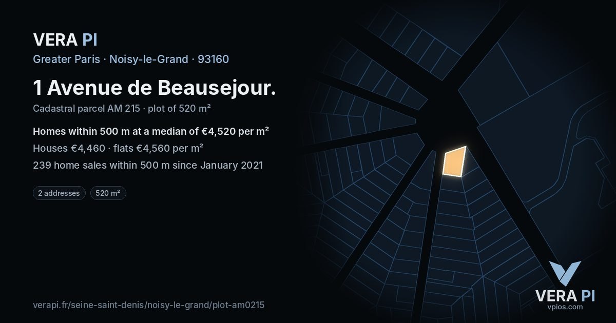 1 Avenue de Beausejour, Noisy-le-Grand at night – the plot lit, the parcels around coloured by the prices near them
