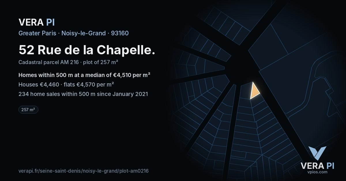 52 Rue de la Chapelle, Noisy-le-Grand at night – the plot lit, the parcels around coloured by the prices near them
