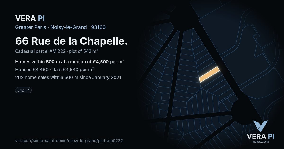 66 Rue de la Chapelle, Noisy-le-Grand at night – the plot lit, the parcels around coloured by the prices near them
