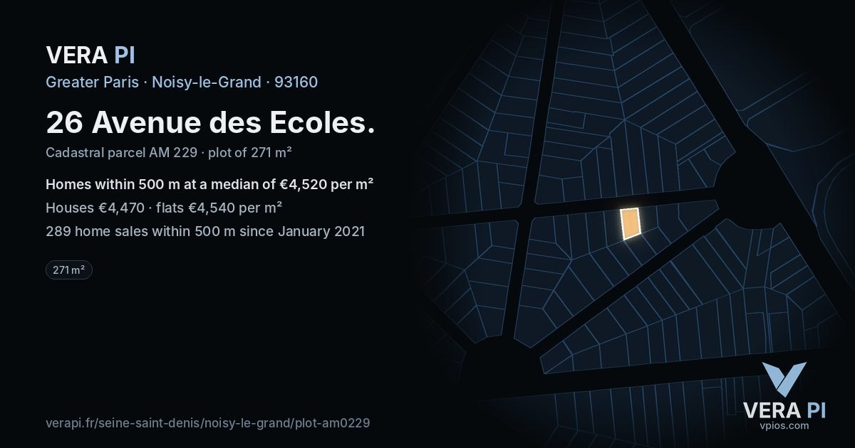 26 Avenue des Ecoles, Noisy-le-Grand at night – the plot lit, the parcels around coloured by the prices near them