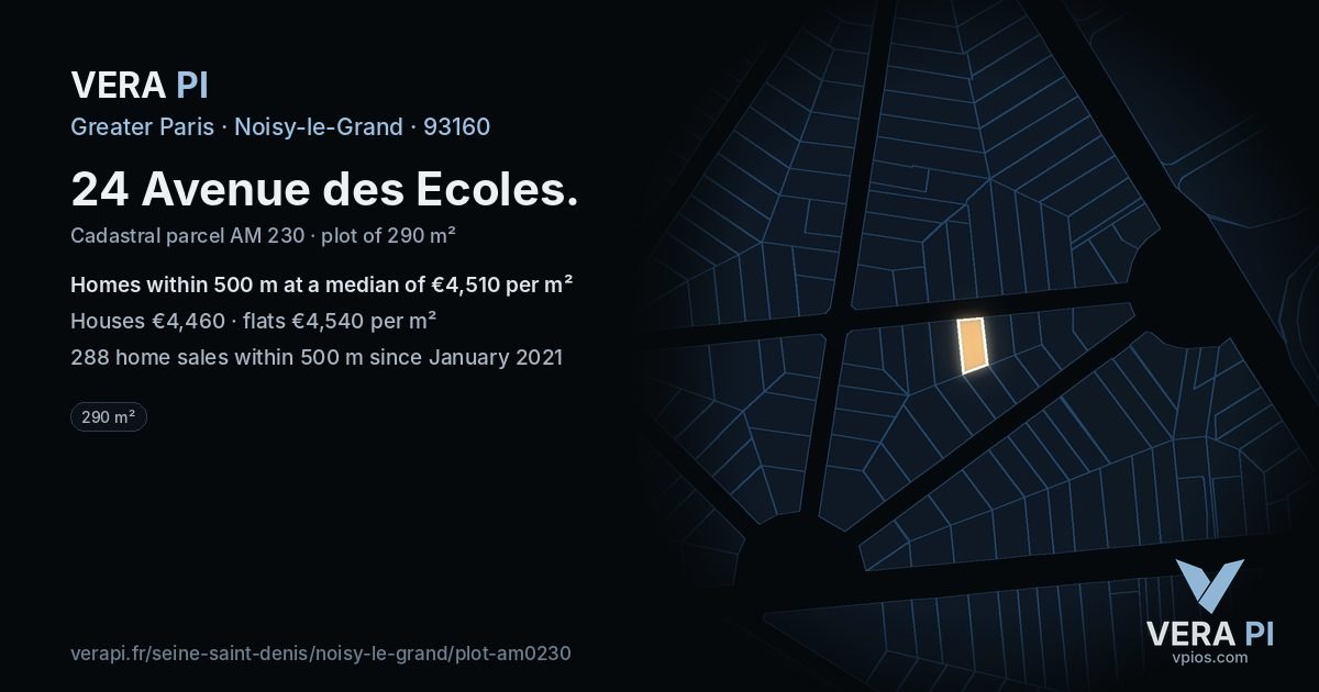 24 Avenue des Ecoles, Noisy-le-Grand at night – the plot lit, the parcels around coloured by the prices near them