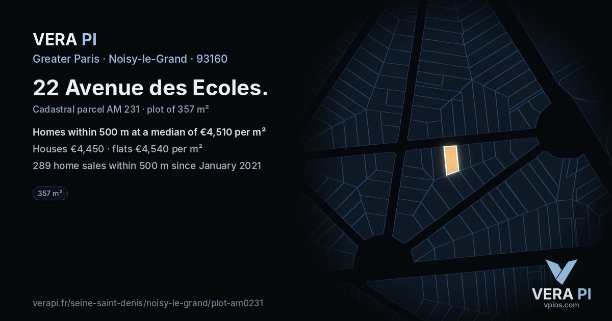 22 Avenue des Ecoles, Noisy-le-Grand at night – the plot lit, the parcels around coloured by the prices near them