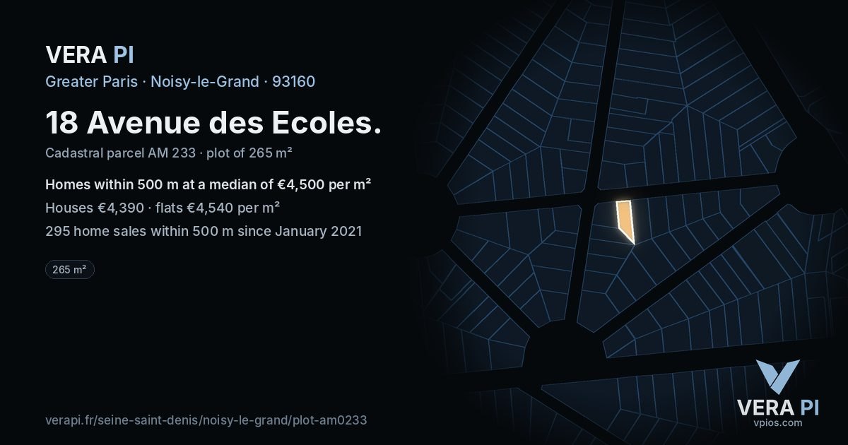 18 Avenue des Ecoles, Noisy-le-Grand at night – the plot lit, the parcels around coloured by the prices near them