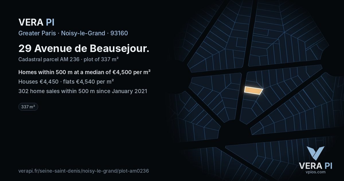 29 Avenue de Beausejour, Noisy-le-Grand at night – the plot lit, the parcels around coloured by the prices near them