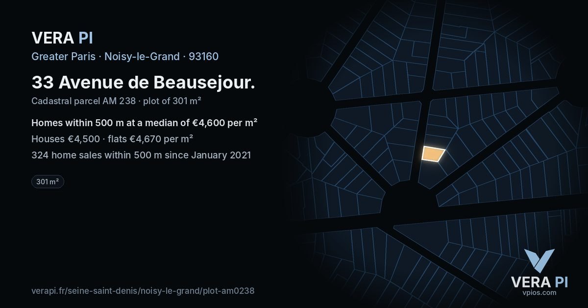 33 Avenue de Beausejour, Noisy-le-Grand at night – the plot lit, the parcels around coloured by the prices near them