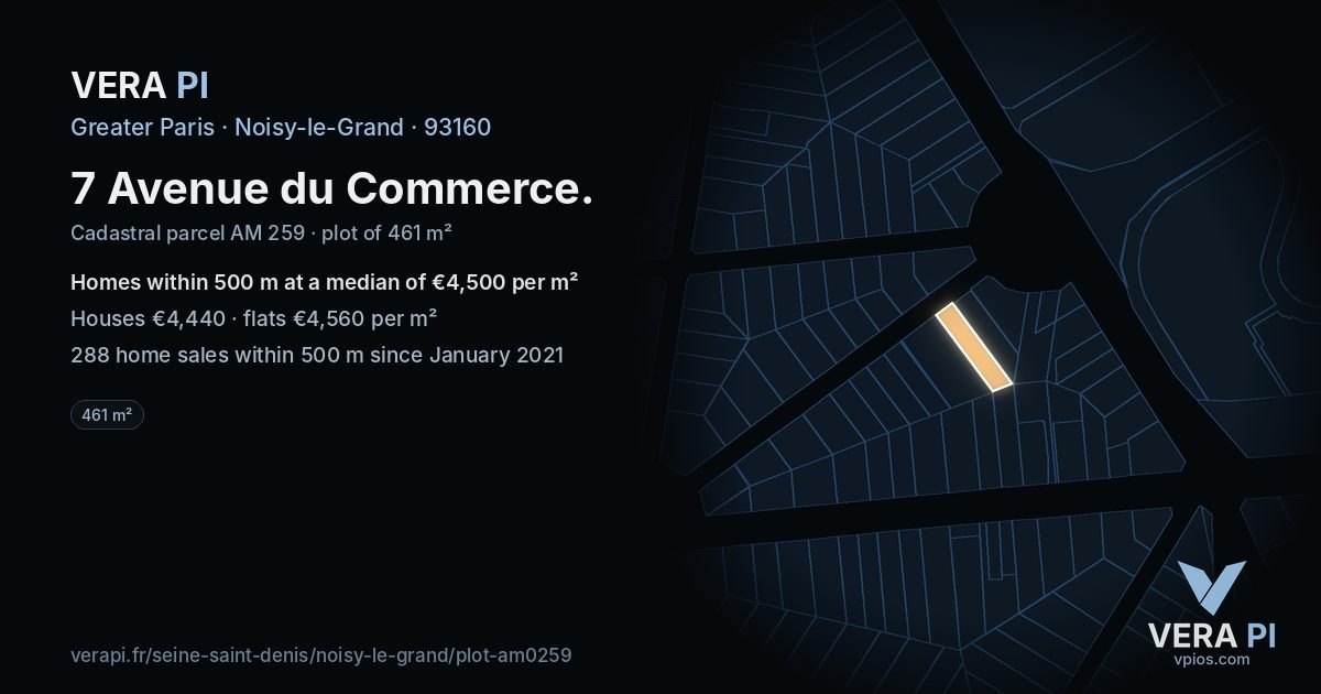 7 Avenue du Commerce, Noisy-le-Grand at night – the plot lit, the parcels around coloured by the prices near them