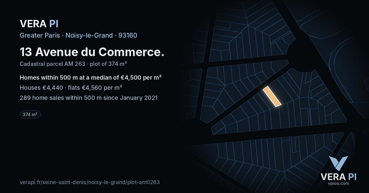 13 Avenue du Commerce, Noisy-le-Grand at night – the plot lit, the parcels around coloured by the prices near them