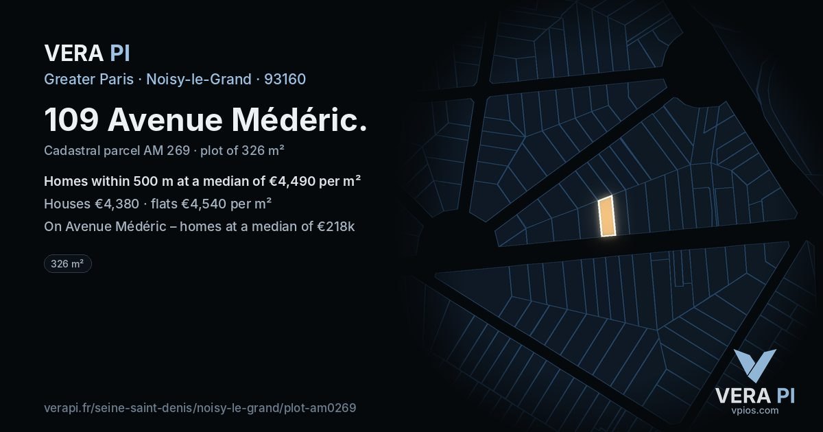 109 Avenue Médéric, Noisy-le-Grand at night – the plot lit, the parcels around coloured by the prices near them