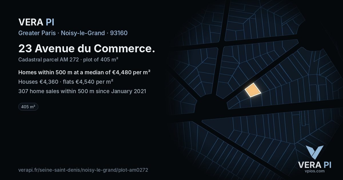23 Avenue du Commerce, Noisy-le-Grand at night – the plot lit, the parcels around coloured by the prices near them