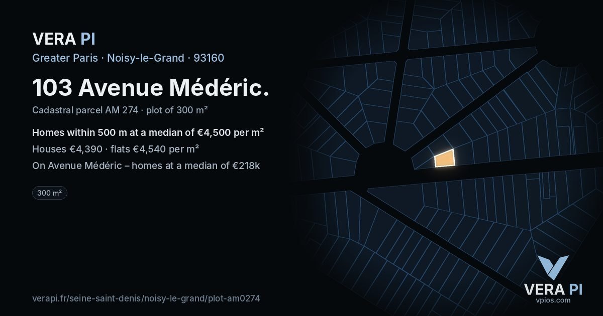 103 Avenue Médéric, Noisy-le-Grand at night – the plot lit, the parcels around coloured by the prices near them