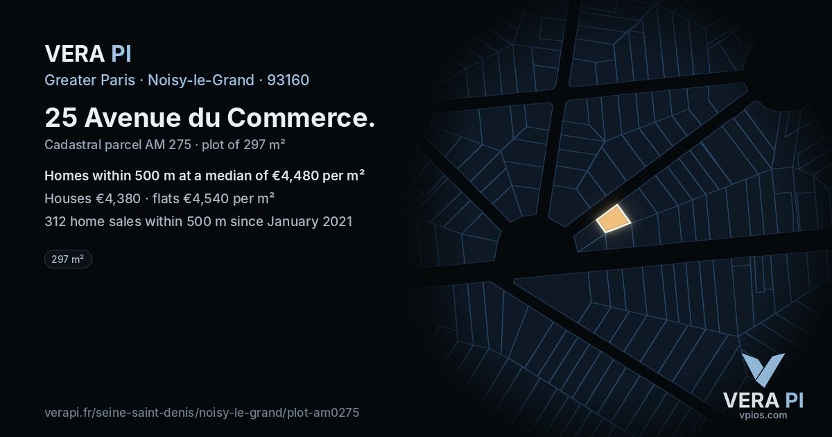 25 Avenue du Commerce, Noisy-le-Grand at night – the plot lit, the parcels around coloured by the prices near them