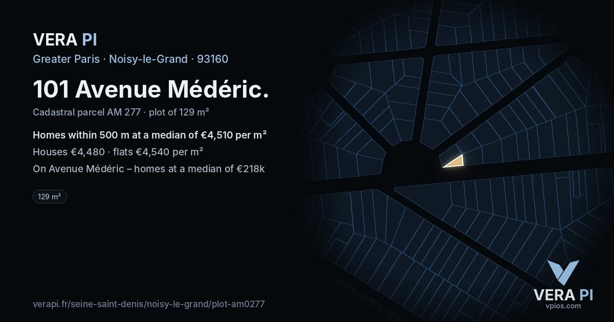 101 Avenue Médéric, Noisy-le-Grand at night – the plot lit, the parcels around coloured by the prices near them