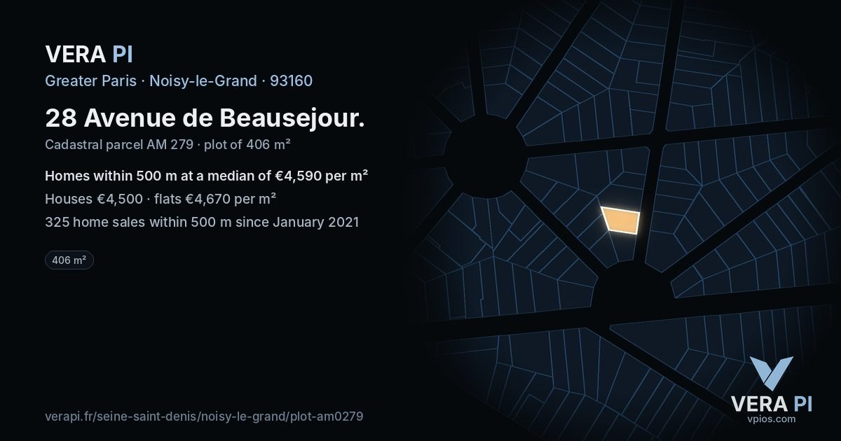 28 Avenue de Beausejour, Noisy-le-Grand at night – the plot lit, the parcels around coloured by the prices near them