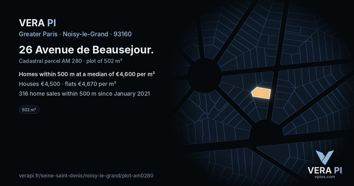 26 Avenue de Beausejour, Noisy-le-Grand at night – the plot lit, the parcels around coloured by the prices near them