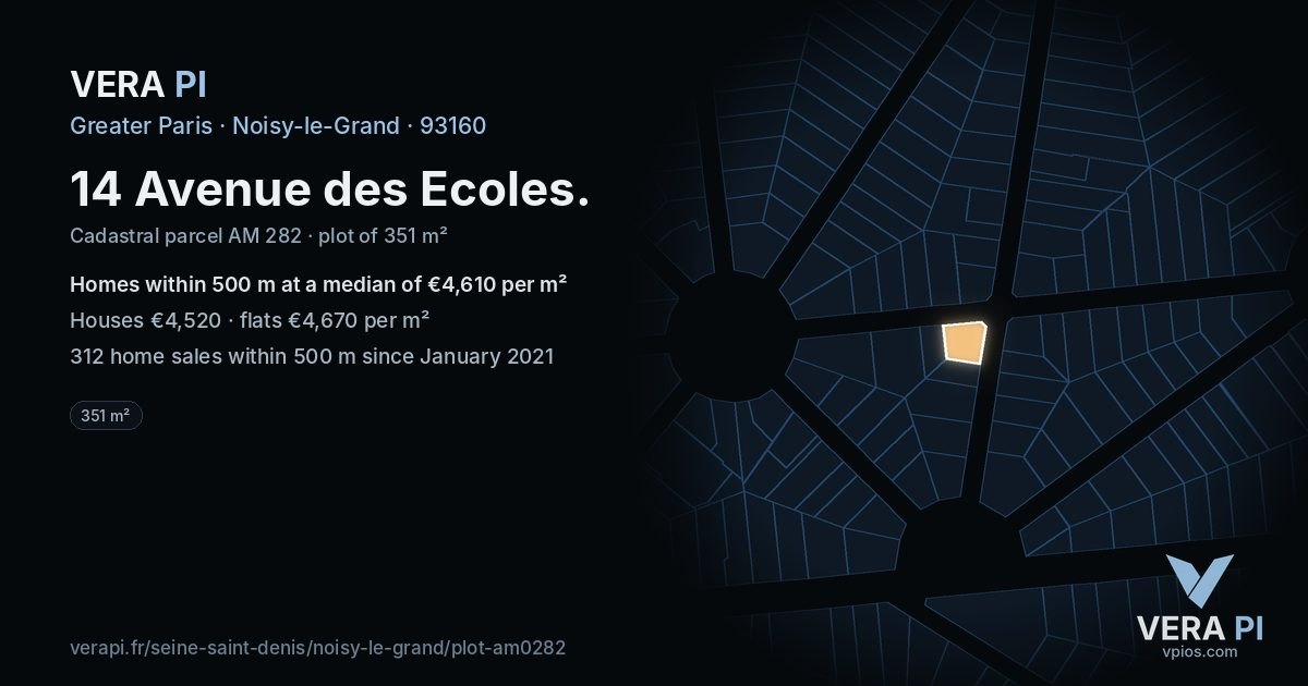 14 Avenue des Ecoles, Noisy-le-Grand at night – the plot lit, the parcels around coloured by the prices near them