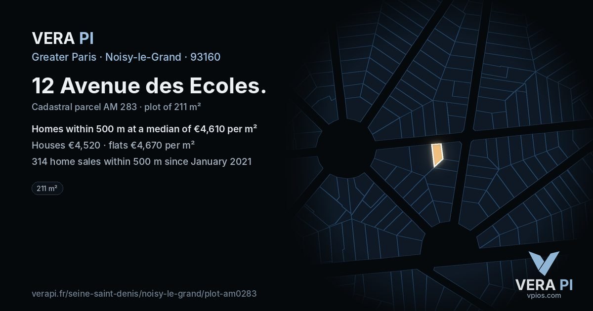 12 Avenue des Ecoles, Noisy-le-Grand at night – the plot lit, the parcels around coloured by the prices near them