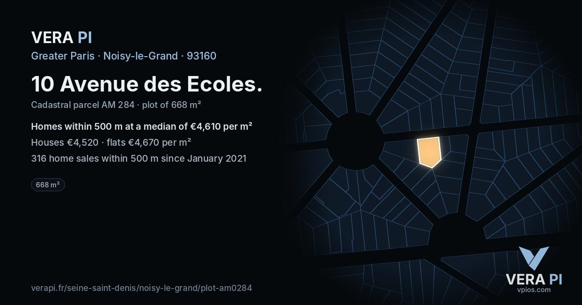 10 Avenue des Ecoles, Noisy-le-Grand at night – the plot lit, the parcels around coloured by the prices near them