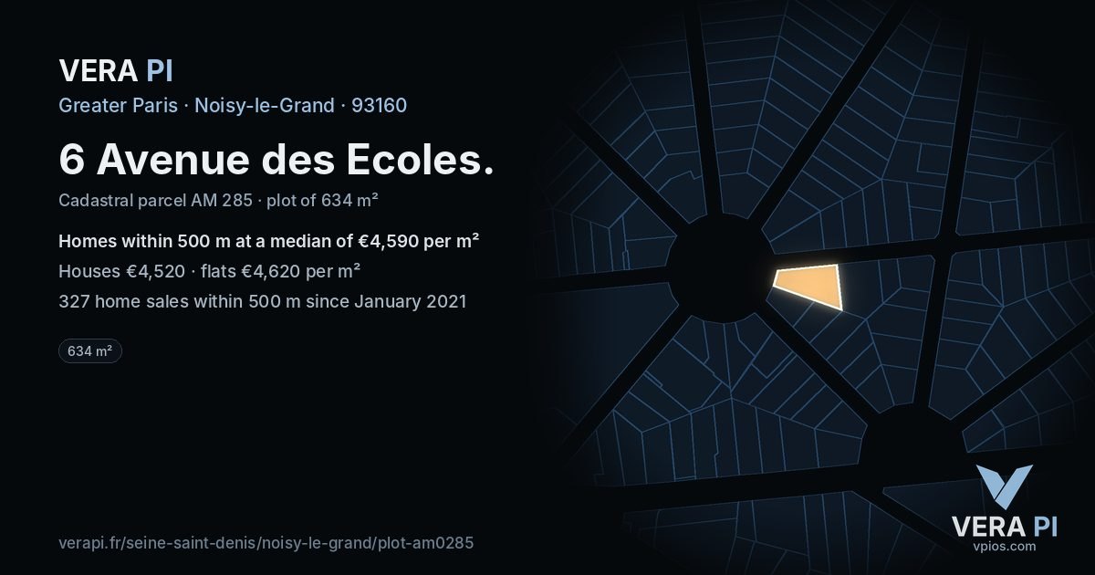 6 Avenue des Ecoles, Noisy-le-Grand at night – the plot lit, the parcels around coloured by the prices near them