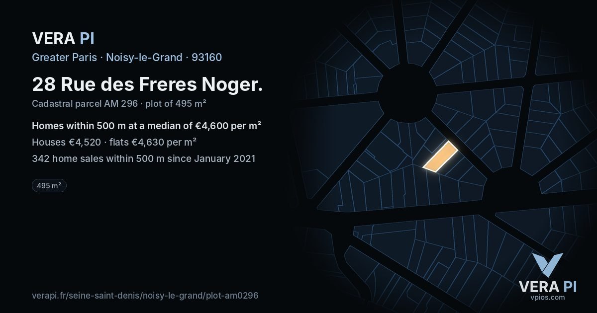 28 Rue des Freres Noger, Noisy-le-Grand at night – the plot lit, the parcels around coloured by the prices near them