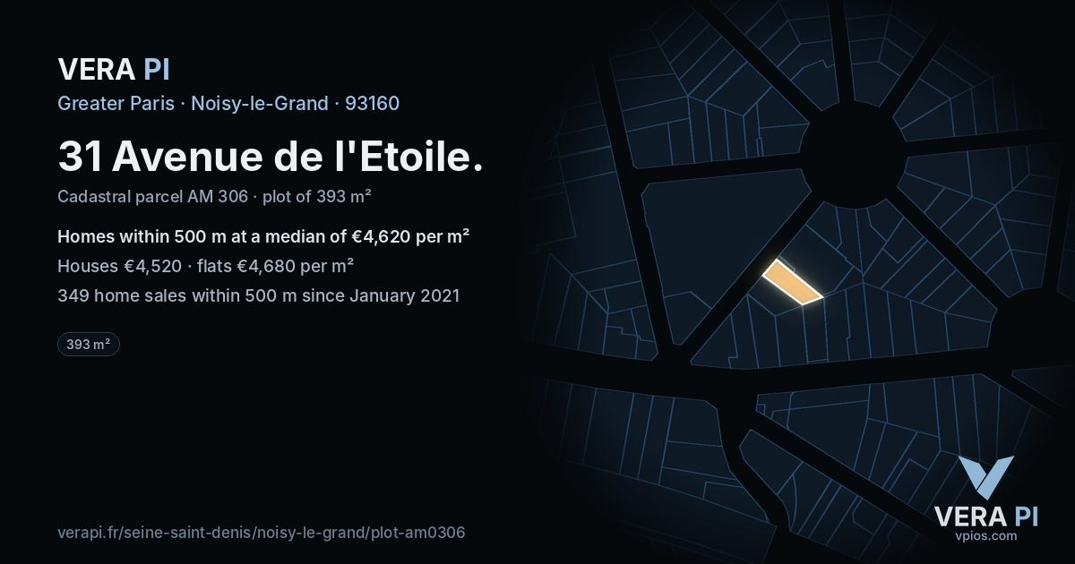 31 Avenue de l'Etoile, Noisy-le-Grand at night – the plot lit, the parcels around coloured by the prices near them
