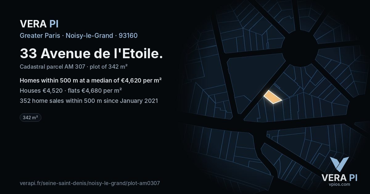 33 Avenue de l'Etoile, Noisy-le-Grand at night – the plot lit, the parcels around coloured by the prices near them