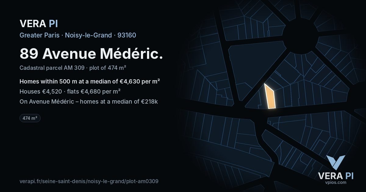 89 Avenue Médéric, Noisy-le-Grand at night – the plot lit, the parcels around coloured by the prices near them