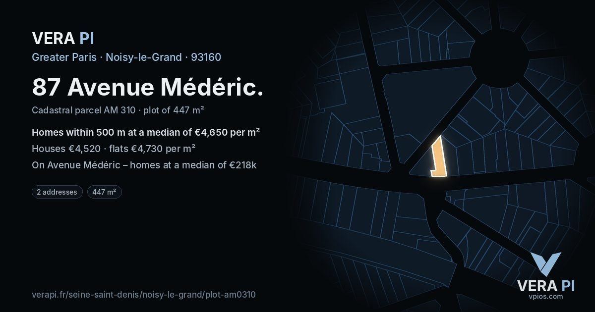 87 Avenue Médéric, Noisy-le-Grand at night – the plot lit, the parcels around coloured by the prices near them