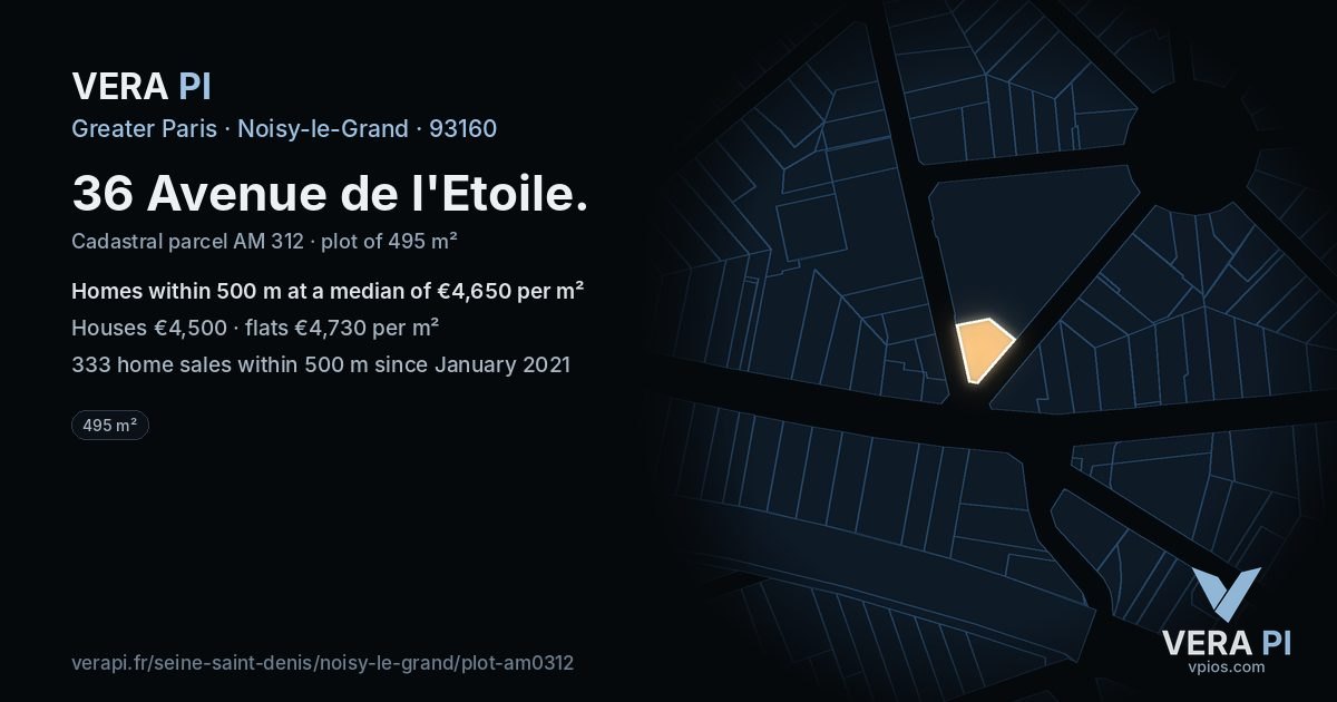 36 Avenue de l'Etoile, Noisy-le-Grand at night – the plot lit, the parcels around coloured by the prices near them