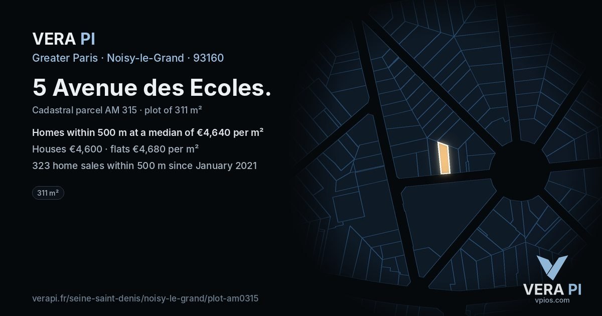 5 Avenue des Ecoles, Noisy-le-Grand at night – the plot lit, the parcels around coloured by the prices near them
