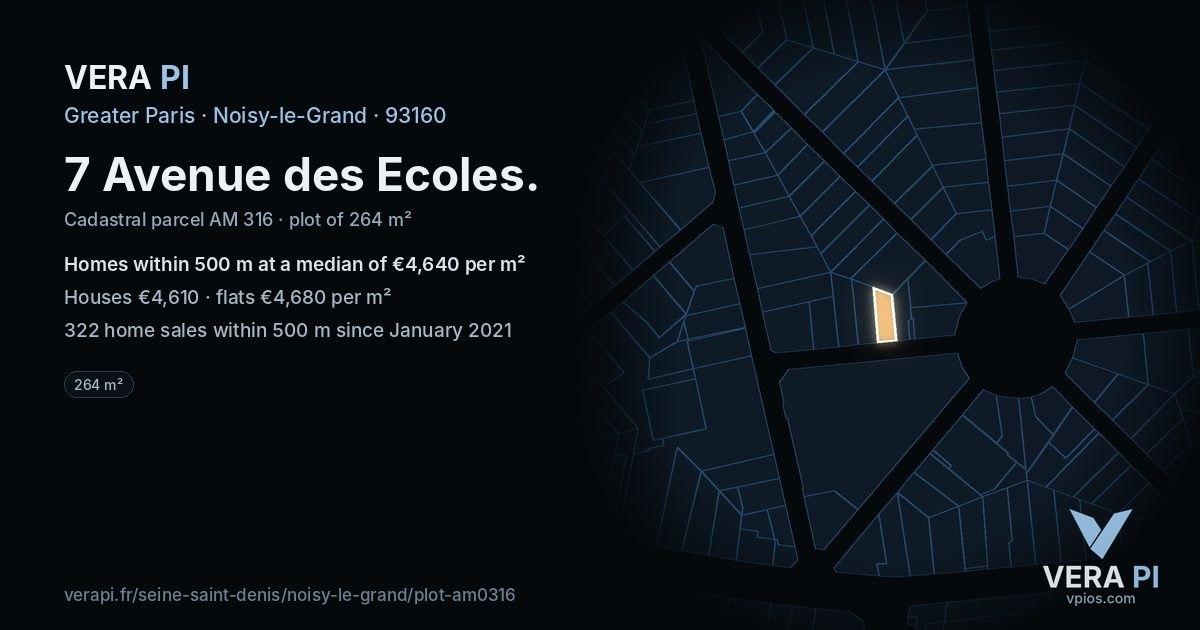 7 Avenue des Ecoles, Noisy-le-Grand at night – the plot lit, the parcels around coloured by the prices near them
