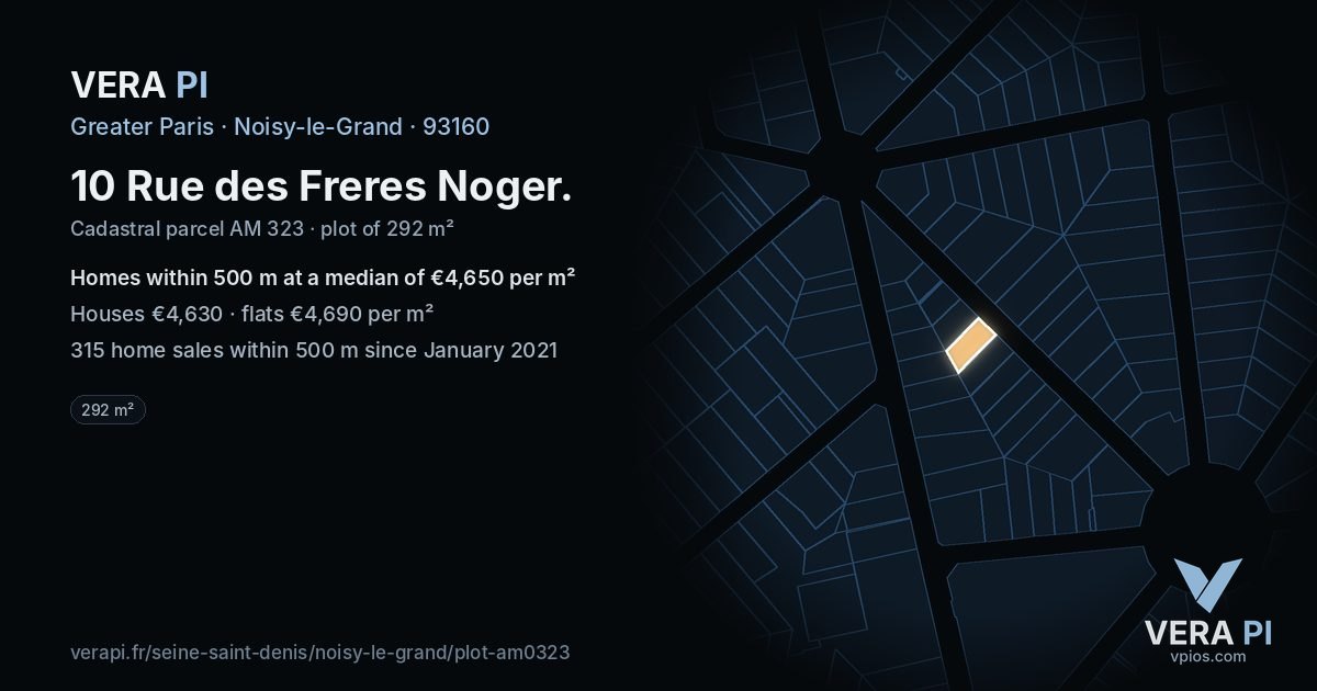 10 Rue des Freres Noger, Noisy-le-Grand at night – the plot lit, the parcels around coloured by the prices near them