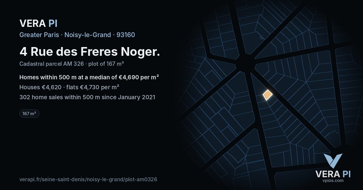 4 Rue des Freres Noger, Noisy-le-Grand at night – the plot lit, the parcels around coloured by the prices near them