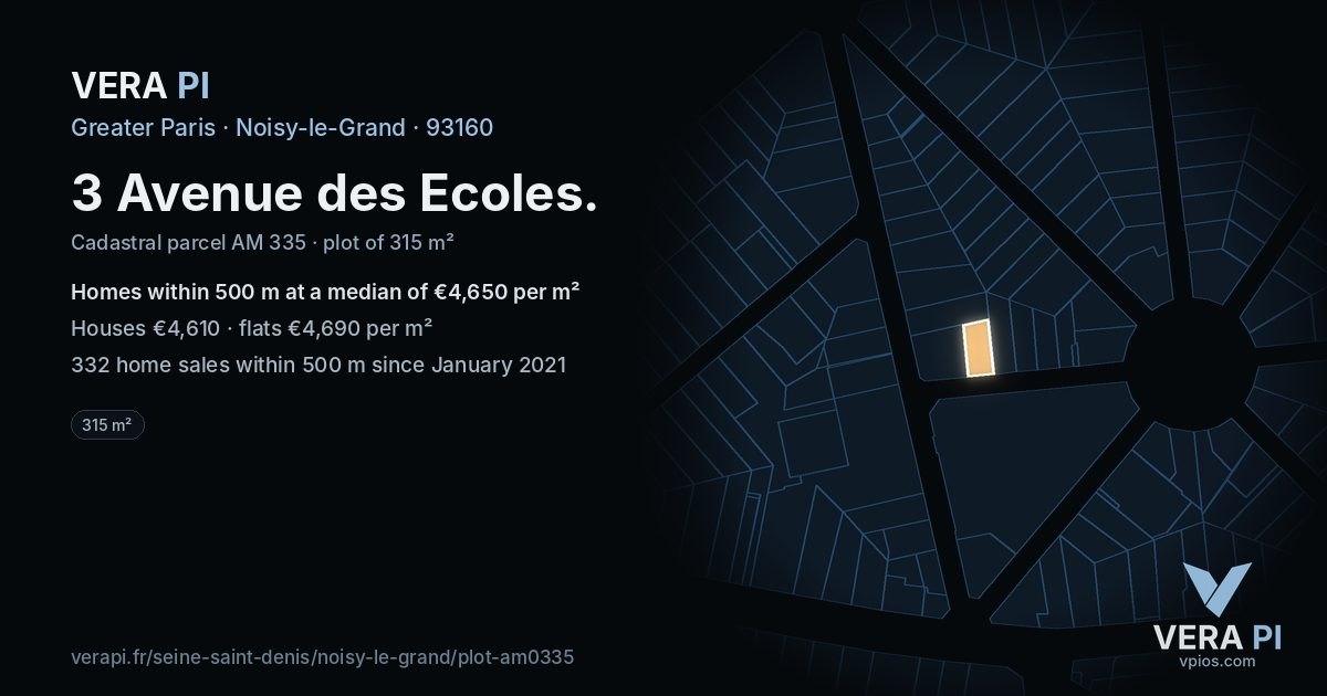 3 Avenue des Ecoles, Noisy-le-Grand at night – the plot lit, the parcels around coloured by the prices near them