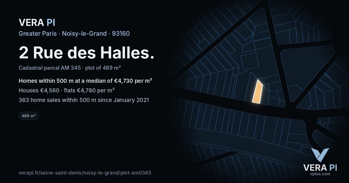 2 Rue des Halles, Noisy-le-Grand at night – the plot lit, the parcels around coloured by the prices near them