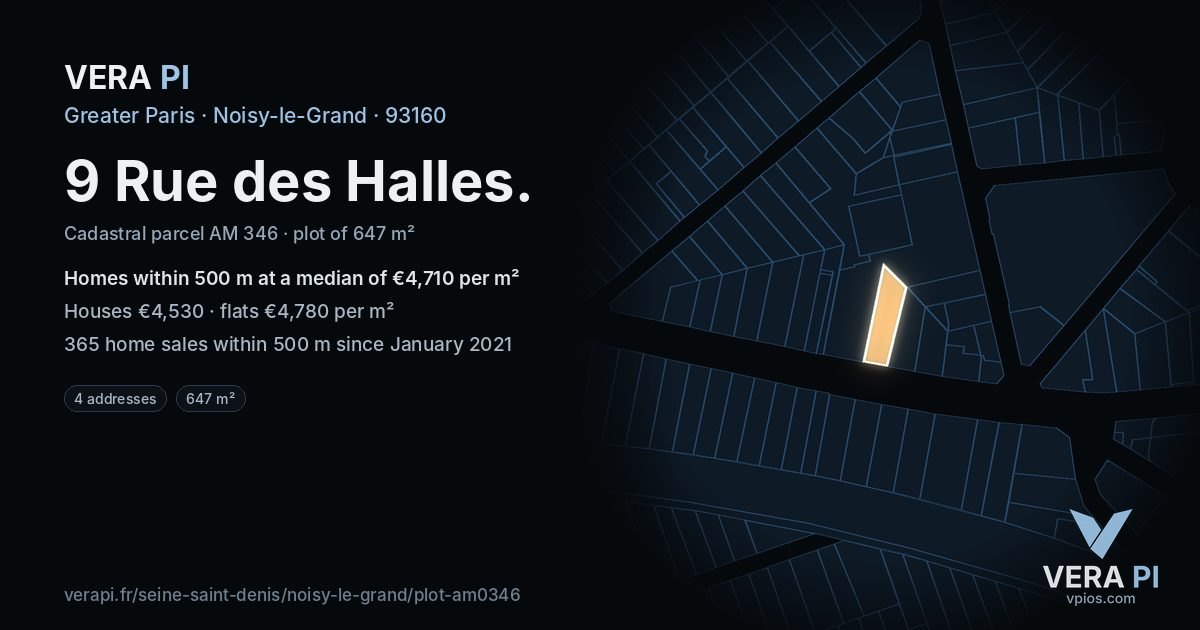 9 Rue des Halles, Noisy-le-Grand at night – the plot lit, the parcels around coloured by the prices near them