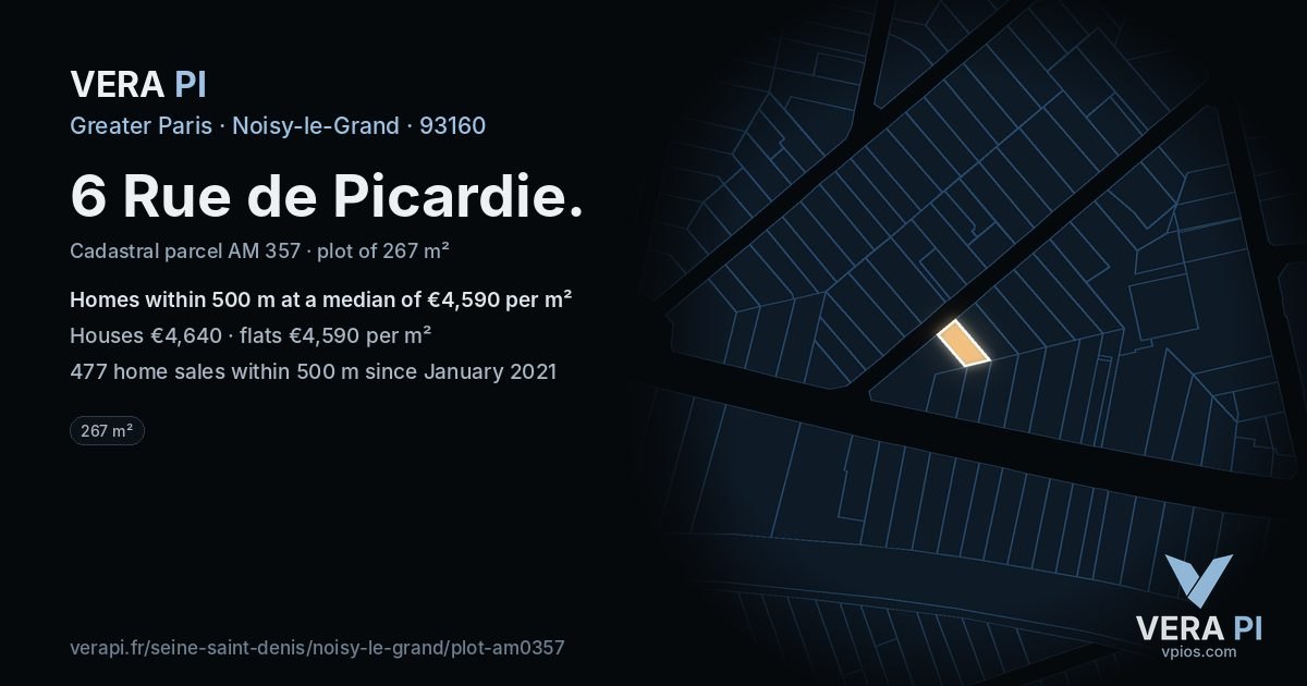 6 Rue de Picardie, Noisy-le-Grand at night – the plot lit, the parcels around coloured by the prices near them