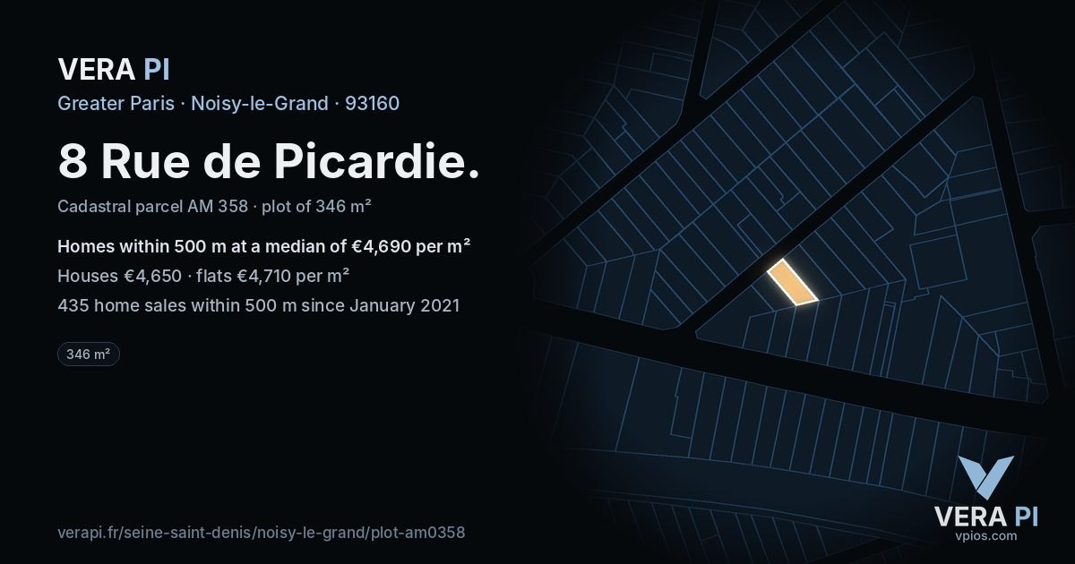 8 Rue de Picardie, Noisy-le-Grand at night – the plot lit, the parcels around coloured by the prices near them