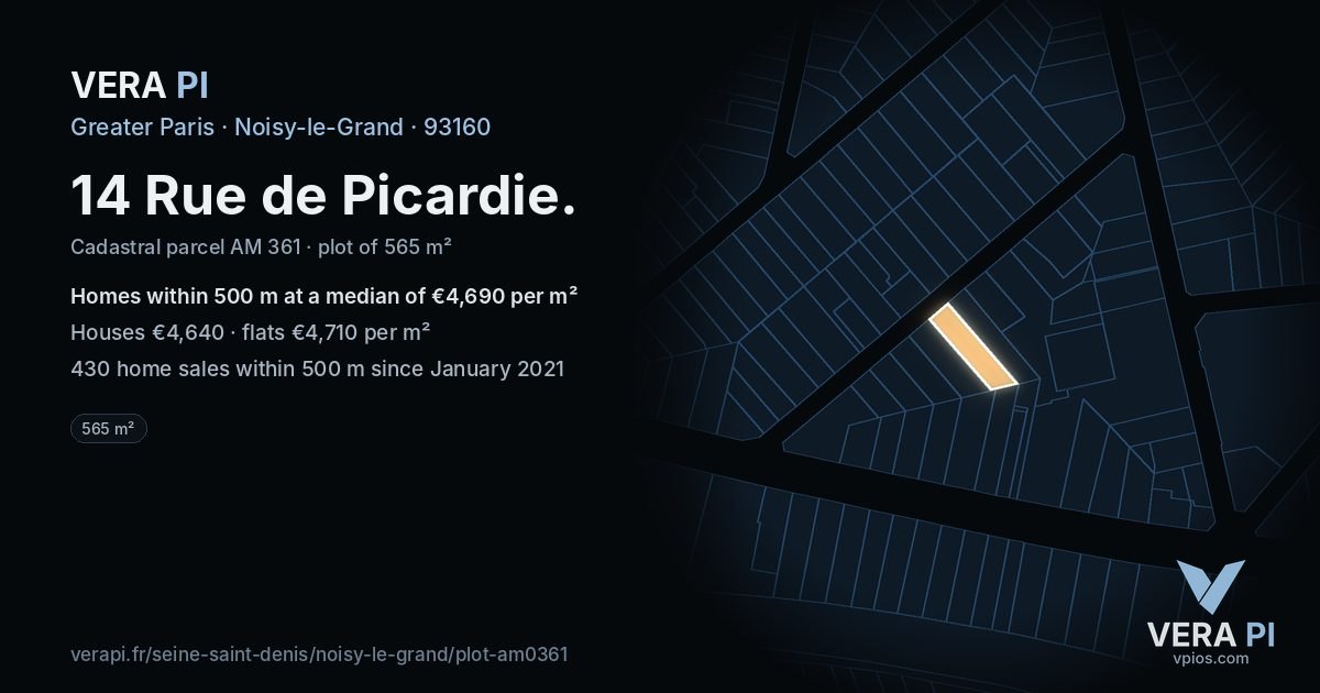 14 Rue de Picardie, Noisy-le-Grand at night – the plot lit, the parcels around coloured by the prices near them