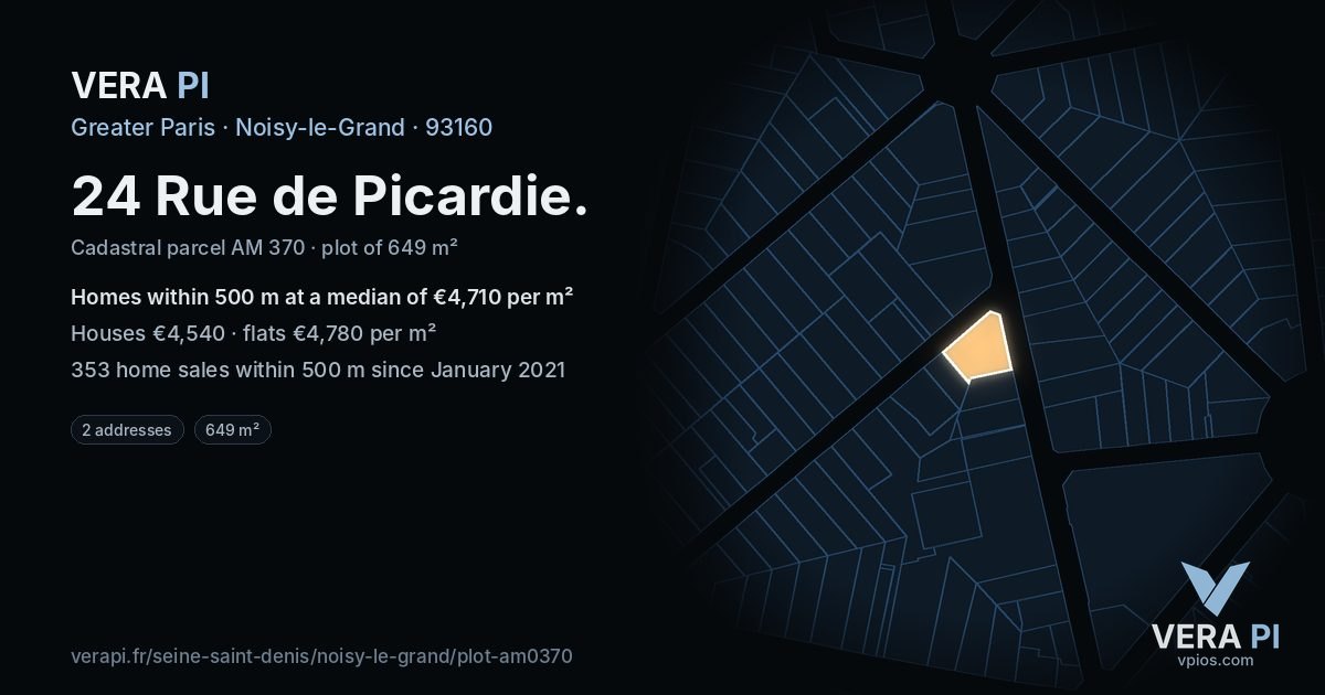 24 Rue de Picardie, Noisy-le-Grand at night – the plot lit, the parcels around coloured by the prices near them