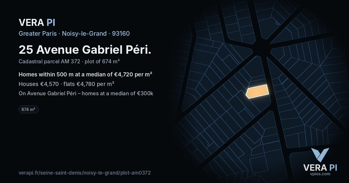 25 Avenue Gabriel Péri, Noisy-le-Grand at night – the plot lit, the parcels around coloured by the prices near them