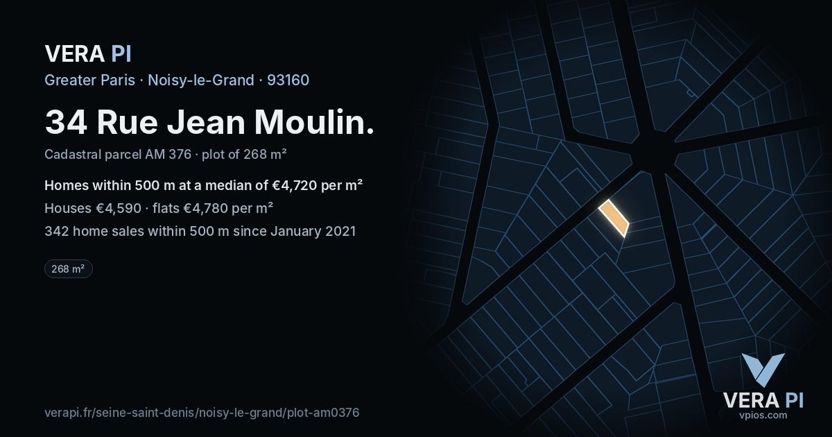 34 Rue Jean Moulin, Noisy-le-Grand at night – the plot lit, the parcels around coloured by the prices near them
