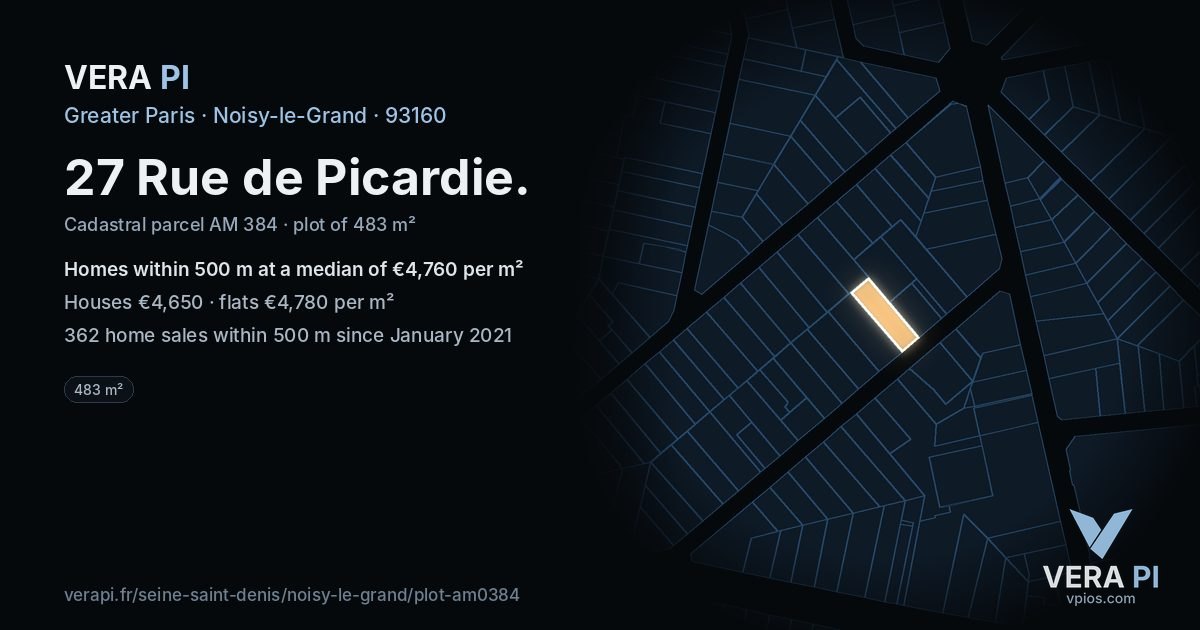 27 Rue de Picardie, Noisy-le-Grand at night – the plot lit, the parcels around coloured by the prices near them