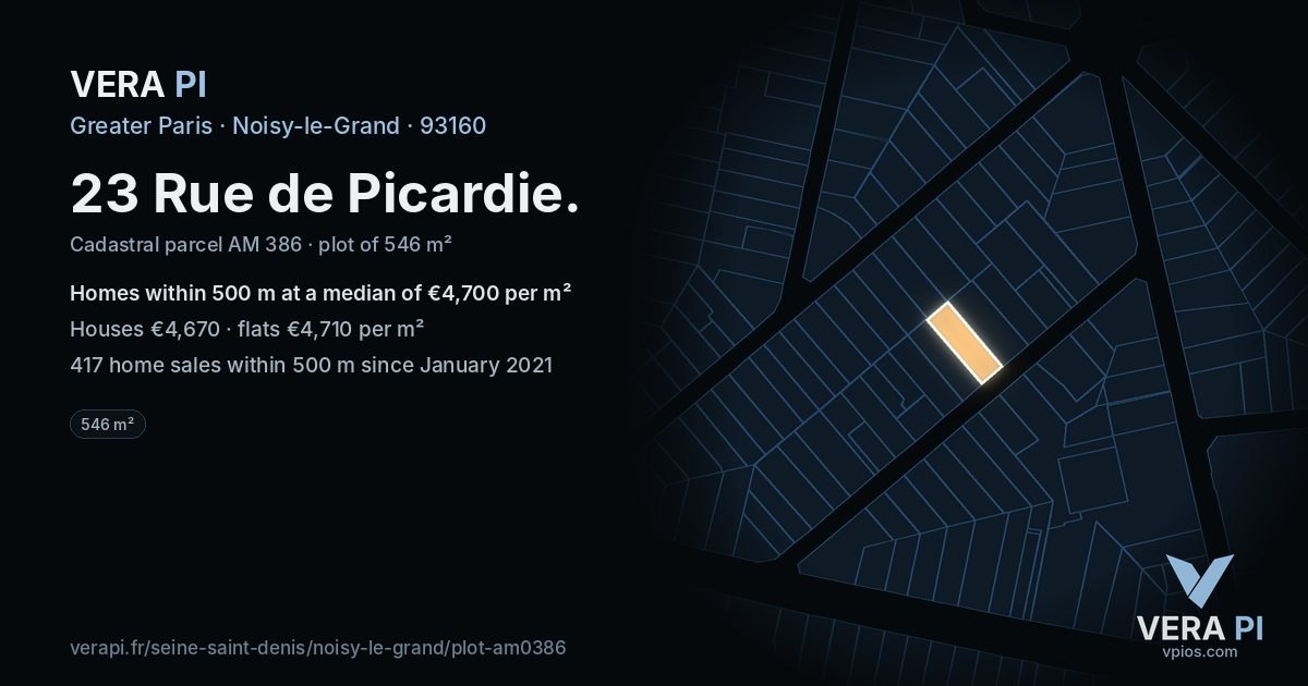 23 Rue de Picardie, Noisy-le-Grand at night – the plot lit, the parcels around coloured by the prices near them