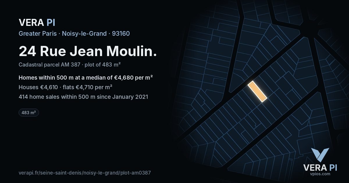 24 Rue Jean Moulin, Noisy-le-Grand at night – the plot lit, the parcels around coloured by the prices near them