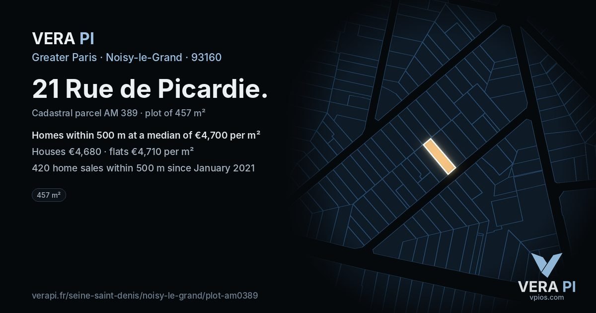 21 Rue de Picardie, Noisy-le-Grand at night – the plot lit, the parcels around coloured by the prices near them