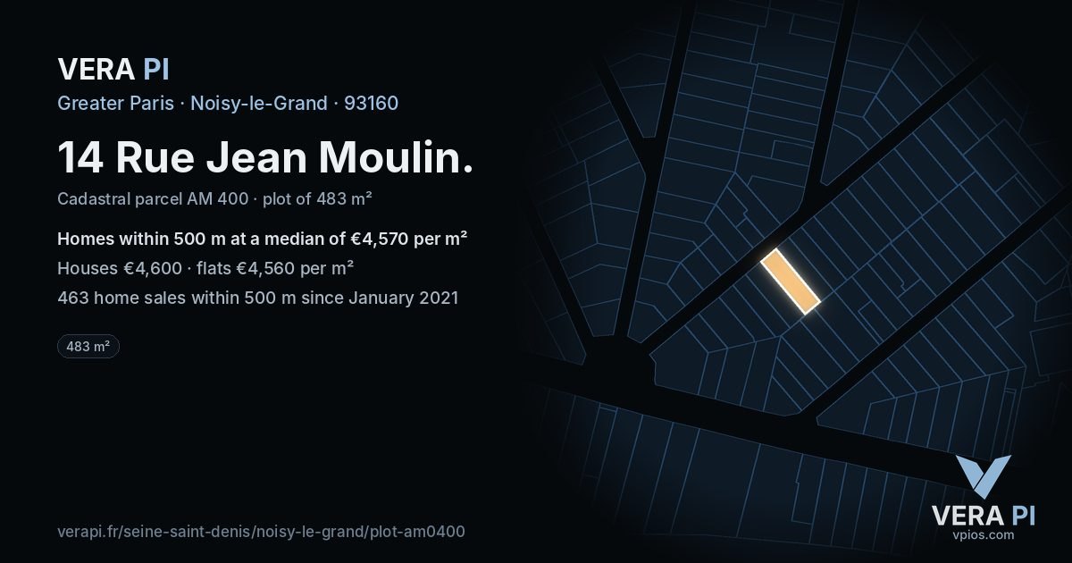 14 Rue Jean Moulin, Noisy-le-Grand at night – the plot lit, the parcels around coloured by the prices near them